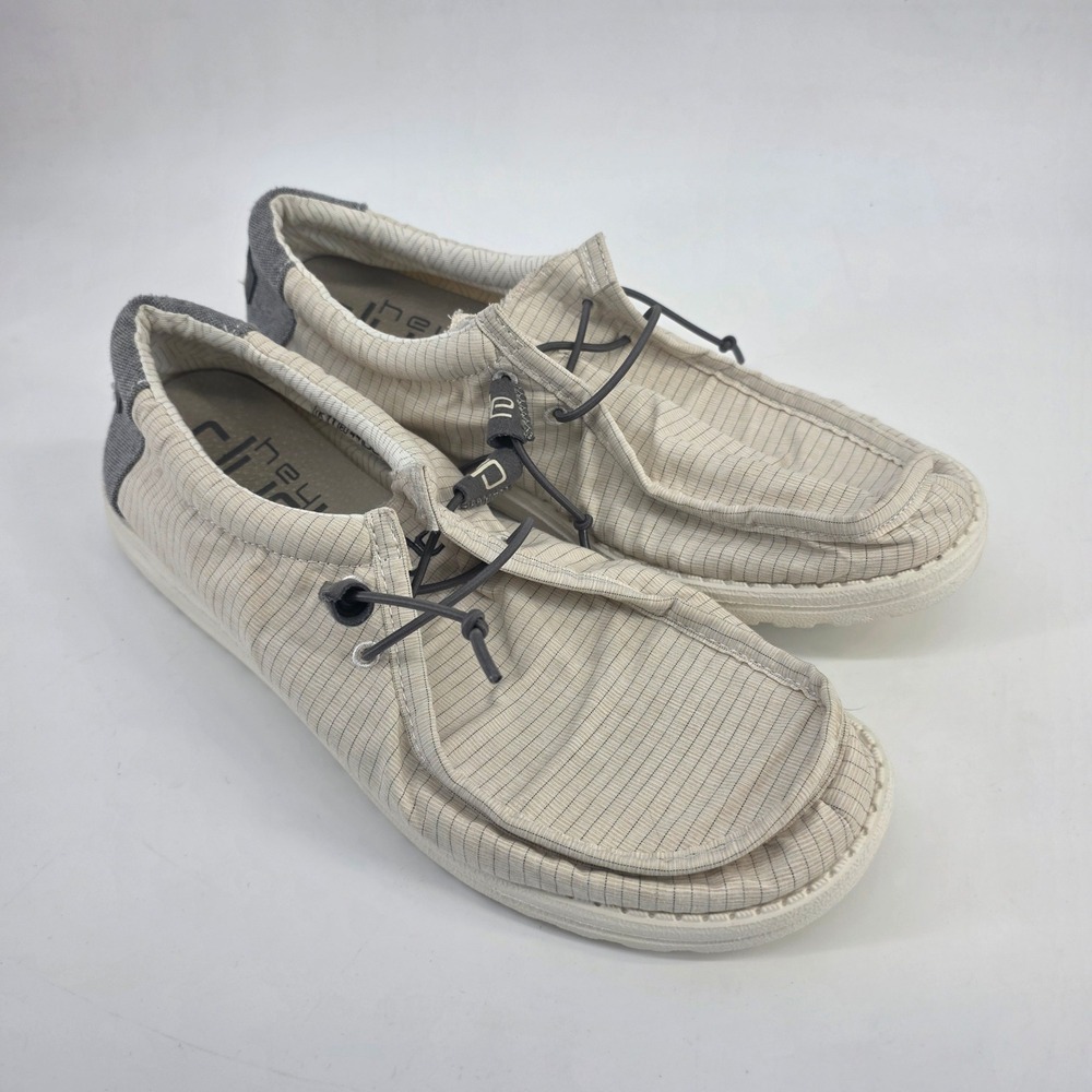 Hey Dude Wally Shadow Mens Size 11 Cream Grey Striped Loafers